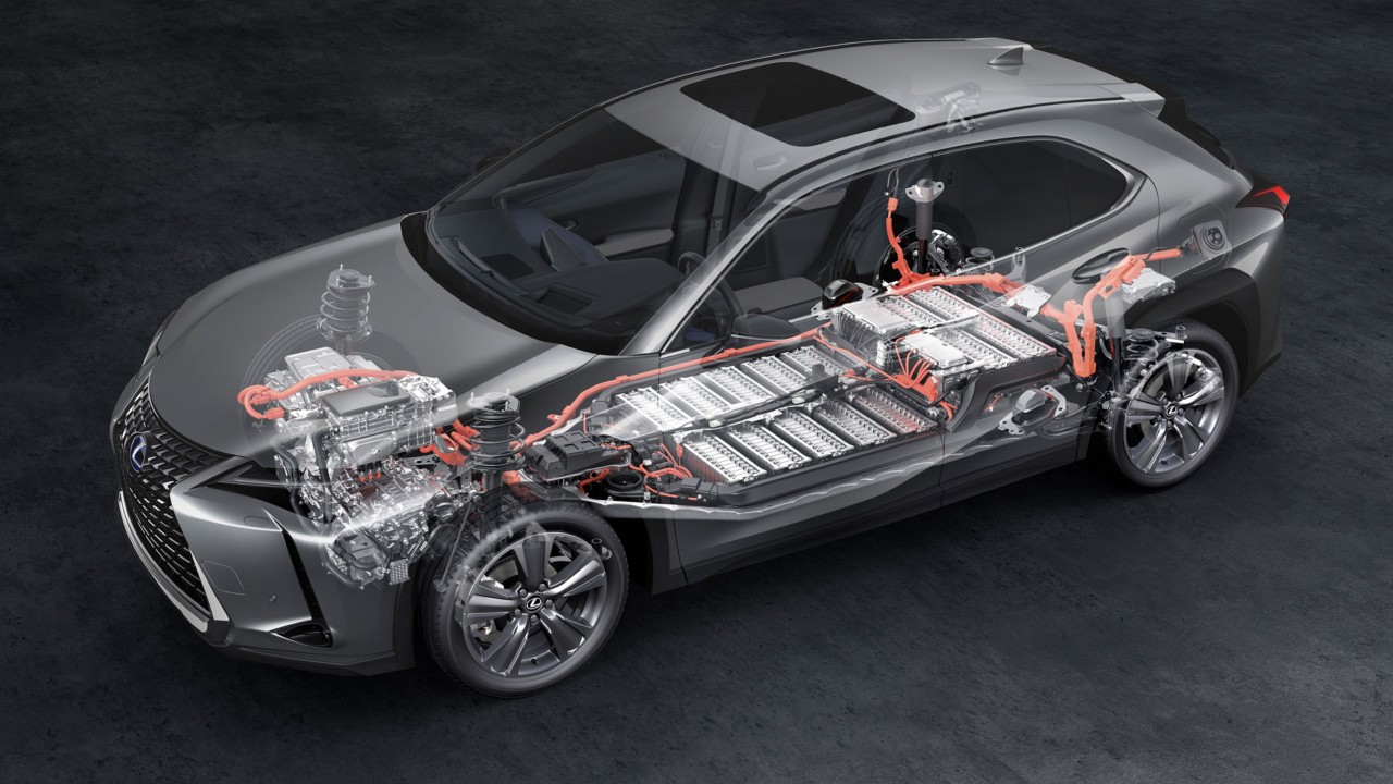 Lexus RZ driving through a wind farm