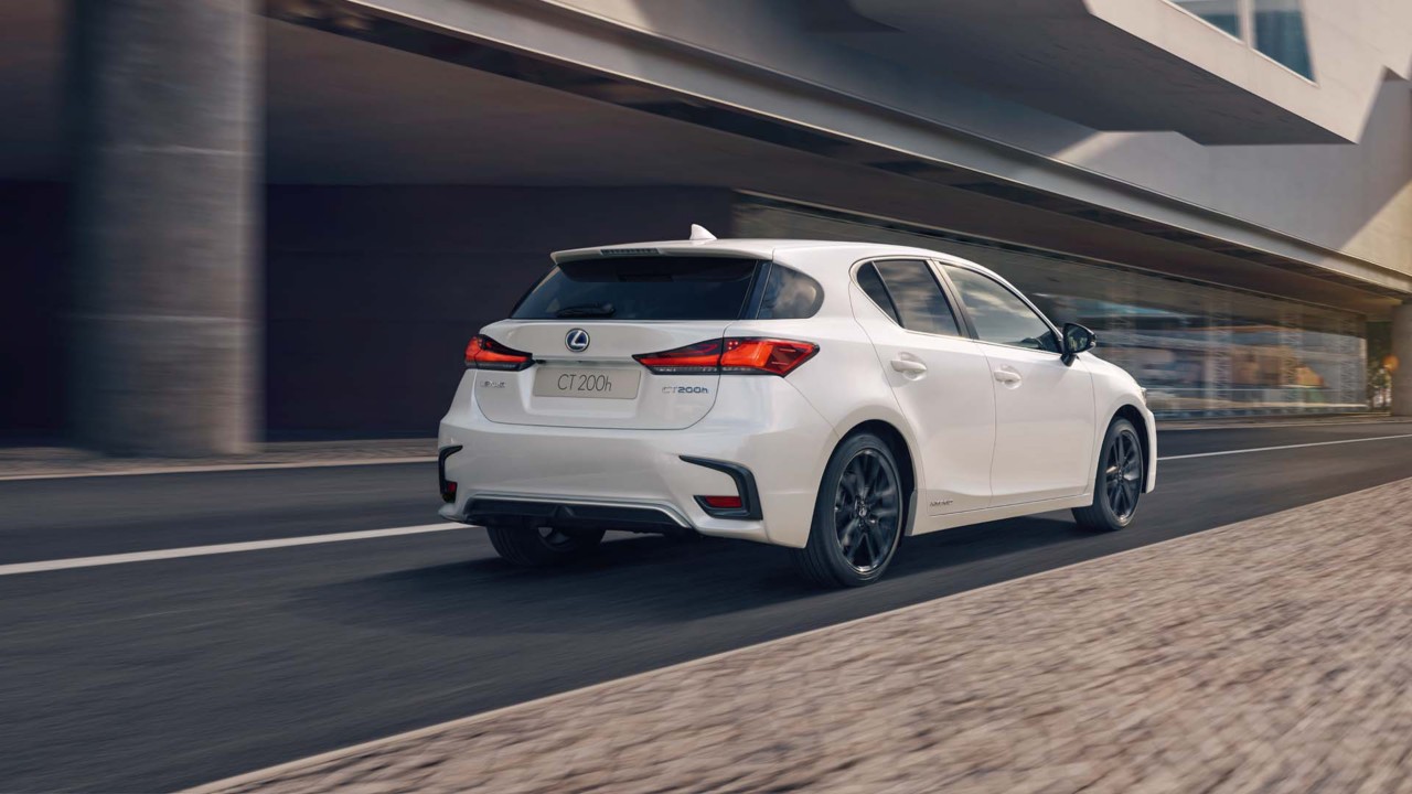 Rear view of a Lexus CT driving